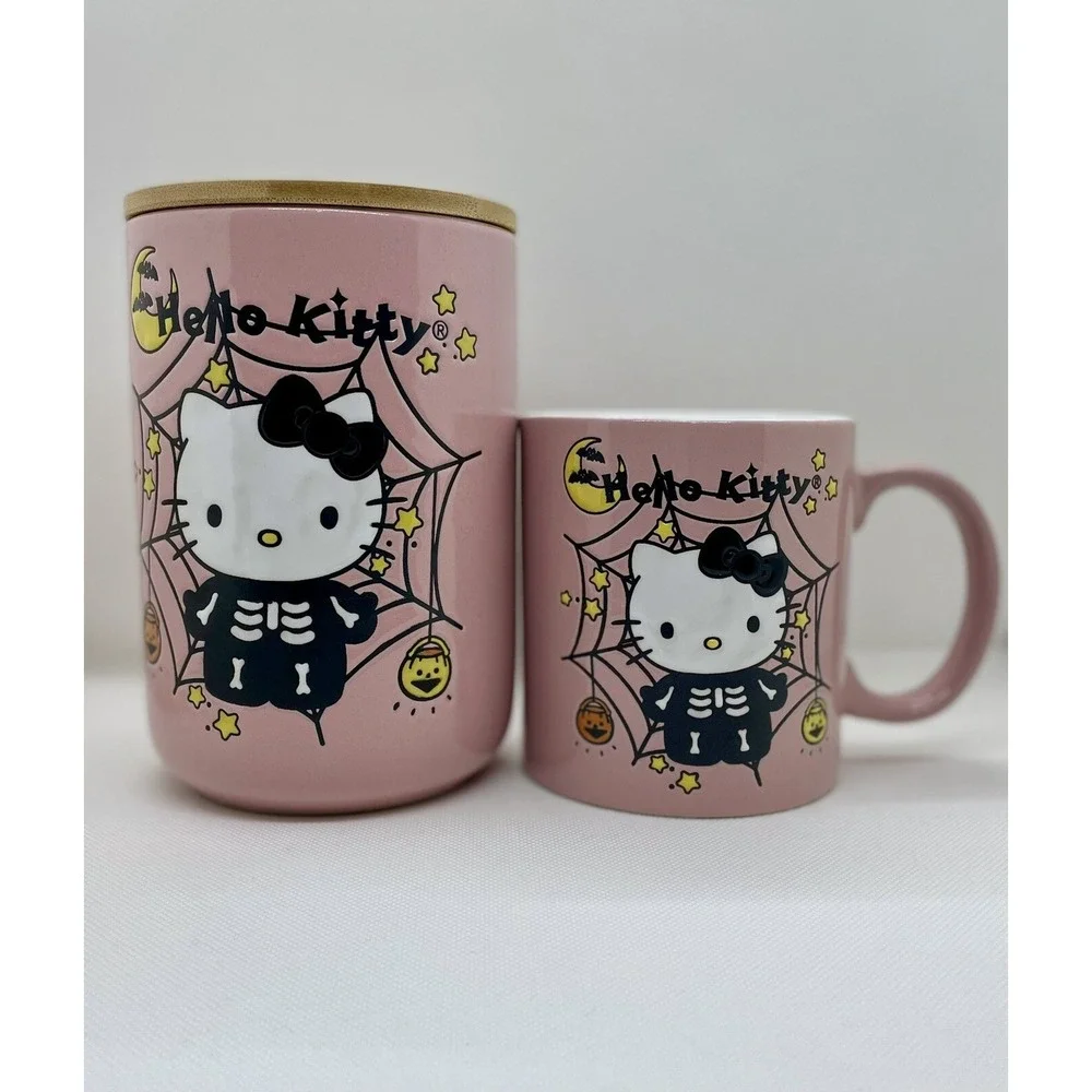 New Sanrio Hello Kitty Skeleton Pink Spiderweb 2023 Halloween Mug & Cookie Jar - Picture 2 of 8